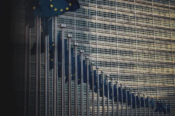 European Union flags aligned in front of an office building