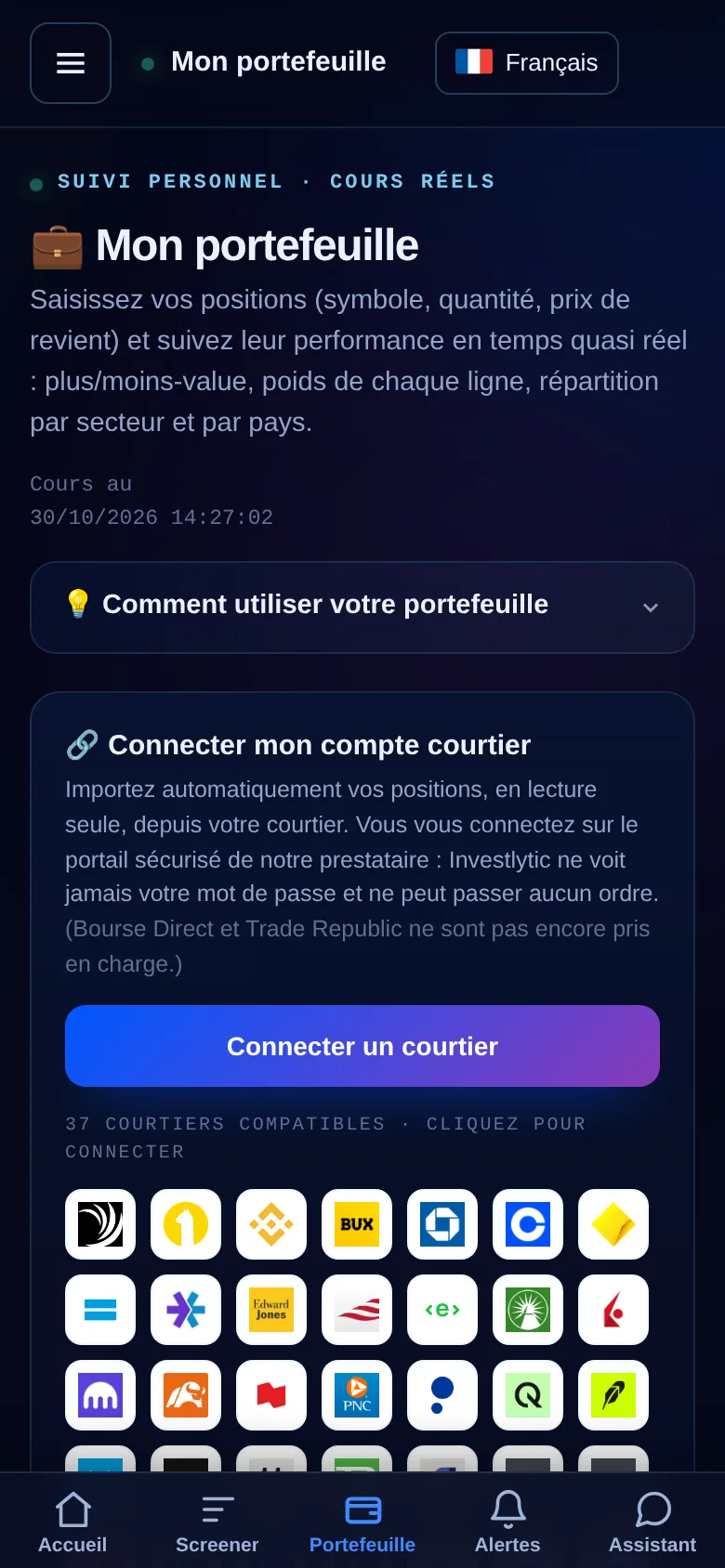 Mon portefeuille : connexion d'un compte courtier parmi 37 compatibles